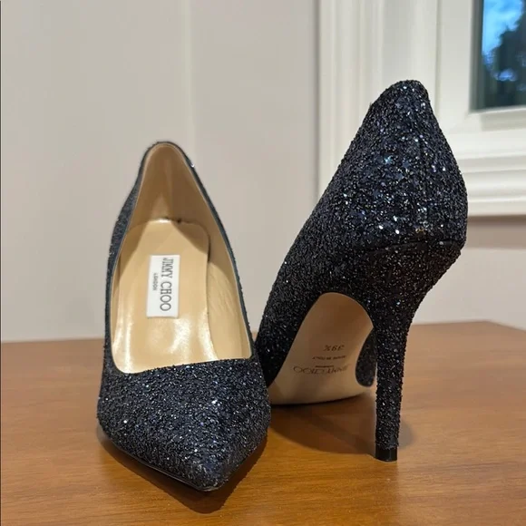 Jimmy Choo AGNES 8cm Navy Heels with Glitter Finish - Picture 1 of 4